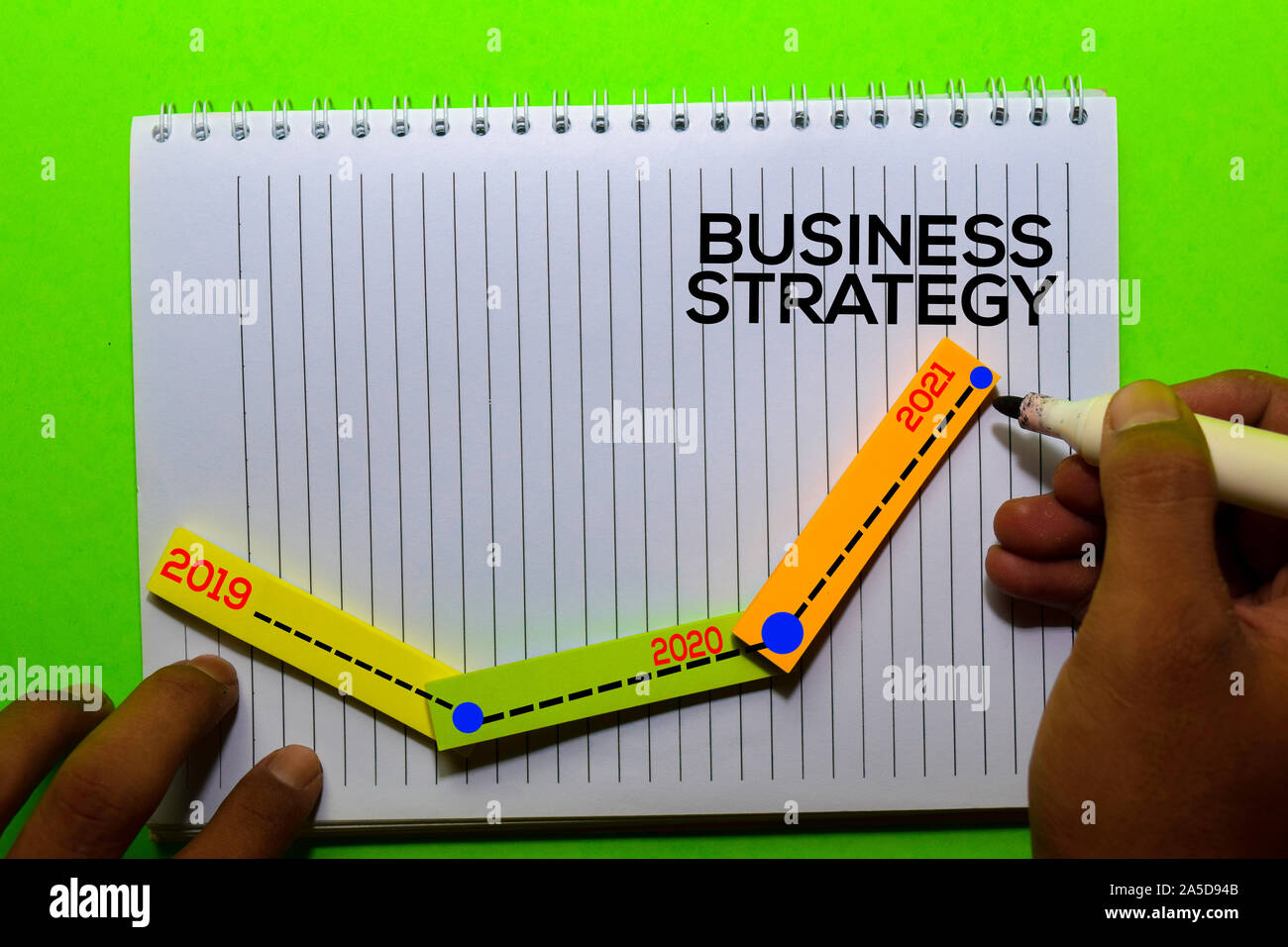 Timeline Business Strategy 2019 - 2020 - 2021 Years on Book. Isolated on office desk background Stock Photo