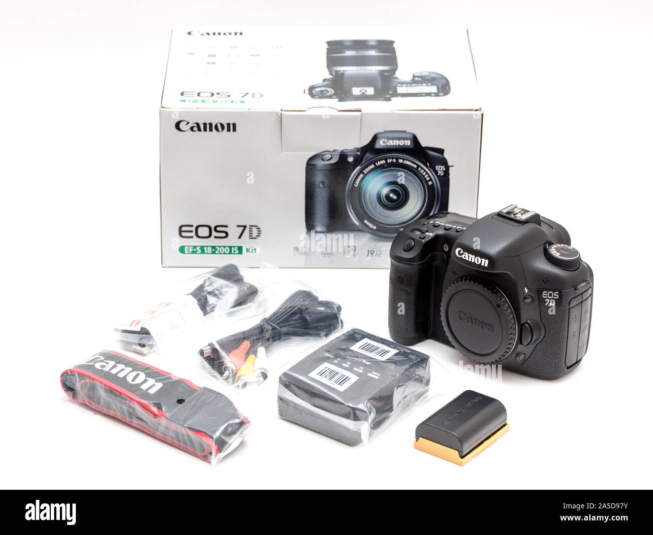 Rome, Italy - March 06, 2019: Canon 7D dslr camera with accessories still life Stock Photo