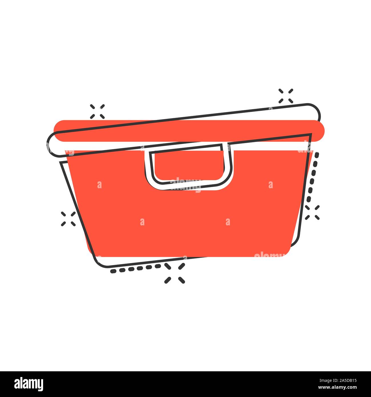 Food container icon in comic style. Kitchen bowl vector cartoon illustration pictogram splash effect. Stock Vector