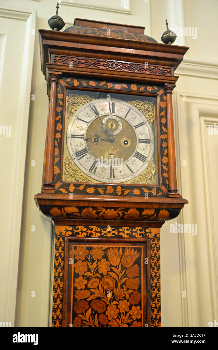 Grandfather clock inside Christchurch Mansion, Ipswich, Suffolk, UK. It is now a museum, open to the public. Stock Photo