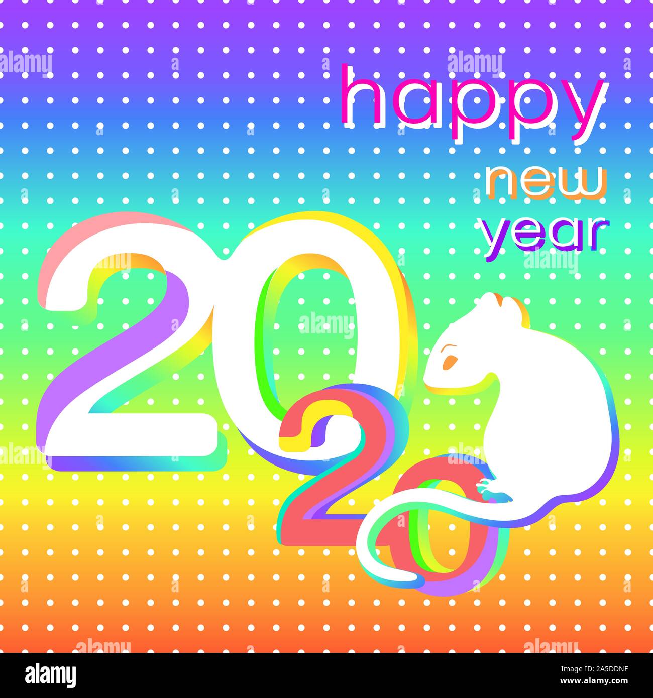 Happy New Year creative card, bright colorful banner, 2020 logo, icon, vector illustration. White rat, symbol of the year, sitting colorful numbers 20 Stock Vector