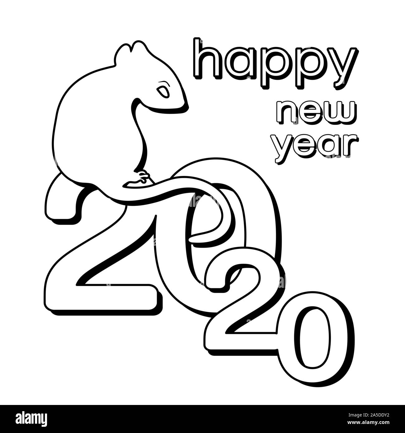 Happy New Year line logo, card , 2020 outline icon, silhouette, symbol of the year according to the eastern Chinese calendar, vector illustration. Bla Stock Vector