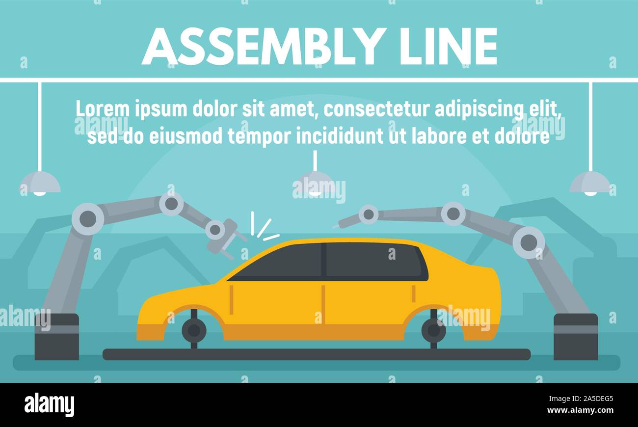 Car assembly line concept banner. Flat illustration of car assembly