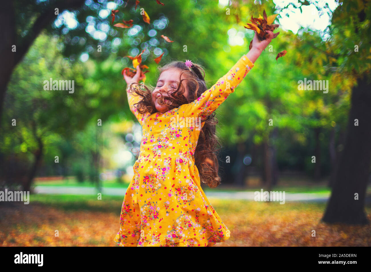 Little smiling girl playing with autumn leaves in a sunshine park Stock ...