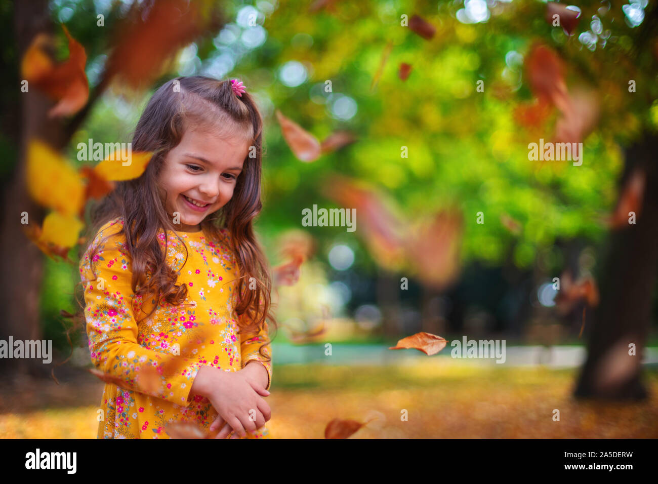 Autumn park and happy little girl playing with fallen tree leaves Stock ...