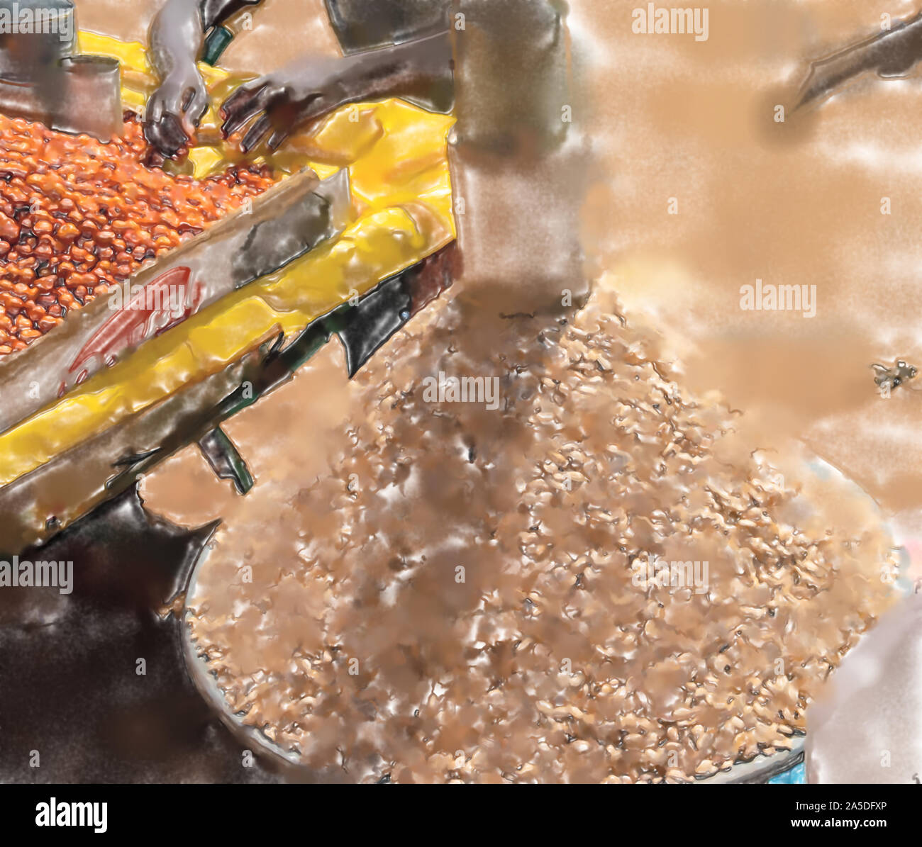 watercolor illustration: Sales pyramid of artfully stacked sunflower seeds with tin cans on top at a market in Africa. Stock Photo