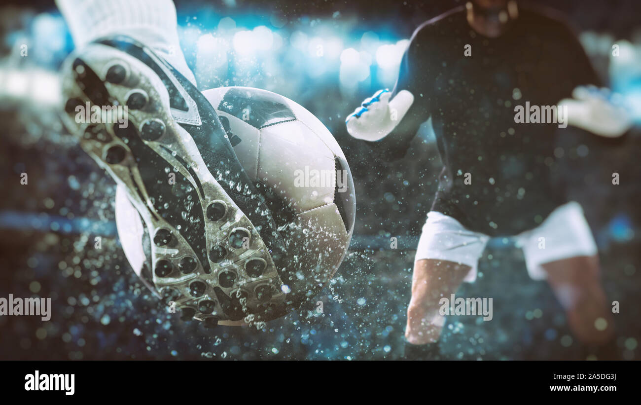 Football scene at night match with close up of a soccer shoe hitting the  ball with power Stock Photo - Alamy