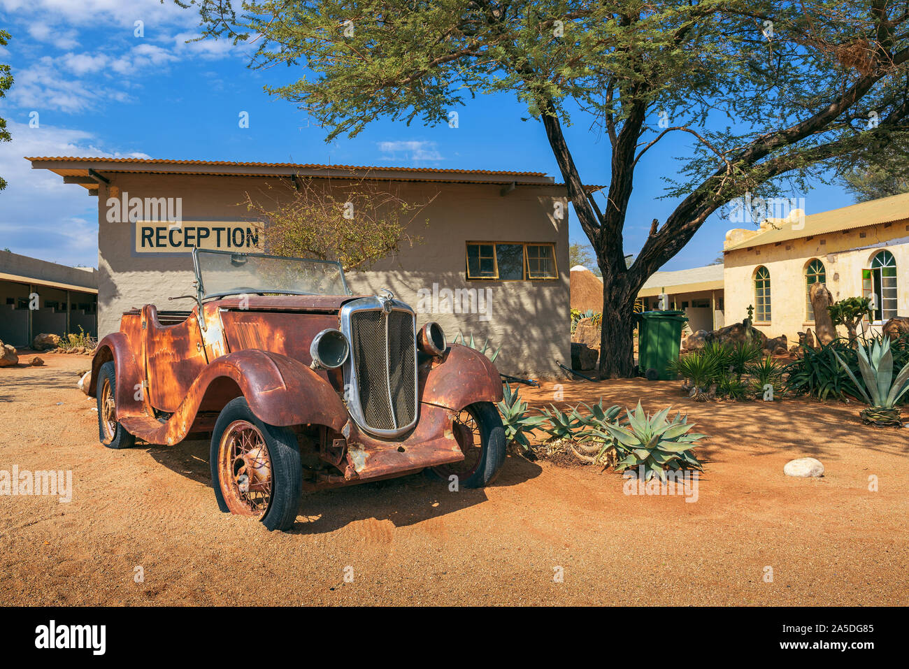 Car wreck at the Solitaire Lodge in the namibian desert Stock Photo