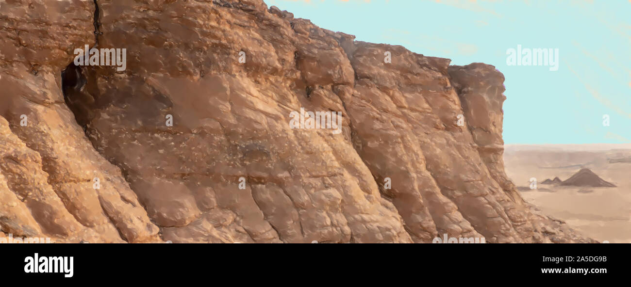 watercolor illustration: Exploration in a sandstone rock with a slope layer and intermediate banks of conglomerate, deposited close to the coast, with Stock Photo