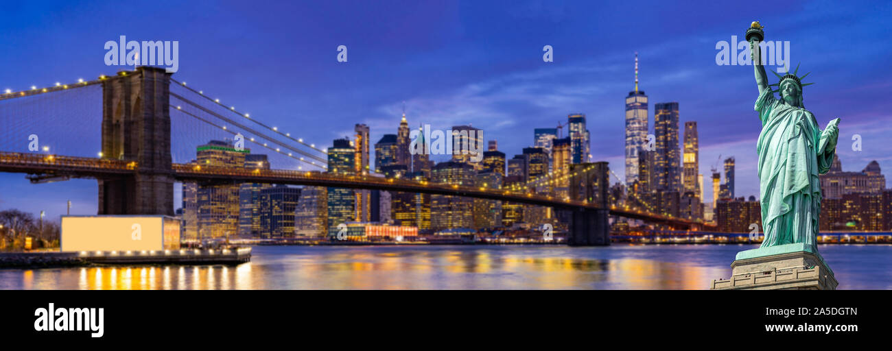 Panorama Statue of liberty Brooklyn bridge with Lower Manhattan skyscrapers bulding for New York City in New York State NY , USA Stock Photo