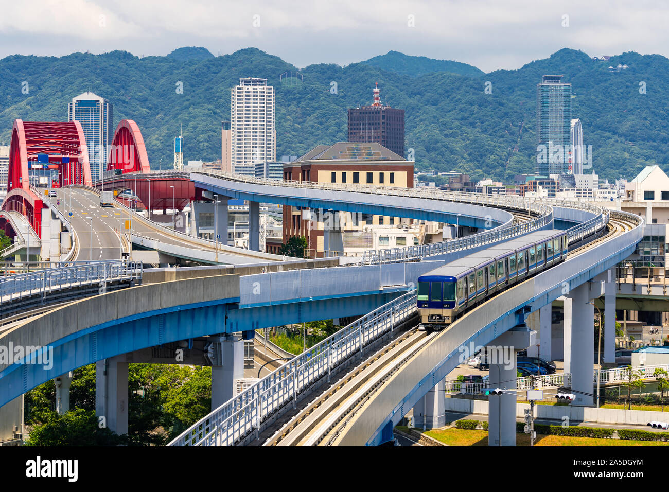 monorail track and highway red bridge to Kobe downtown Hyogo Kansai