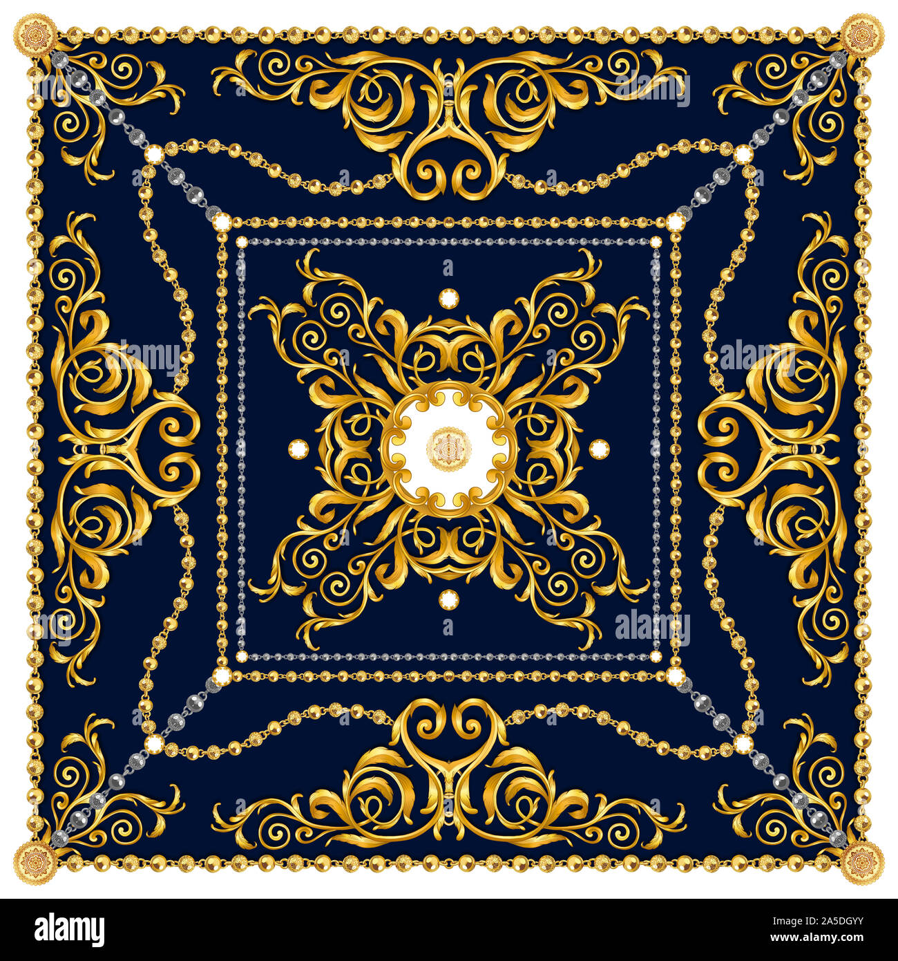 Impressionisme Overtuiging Sleutel Versace Style Pattern Ready for Textile. Scarf Design for Silk Print.  Golden Baroque with Chains on Dark Blue Background Stock Photo - Alamy