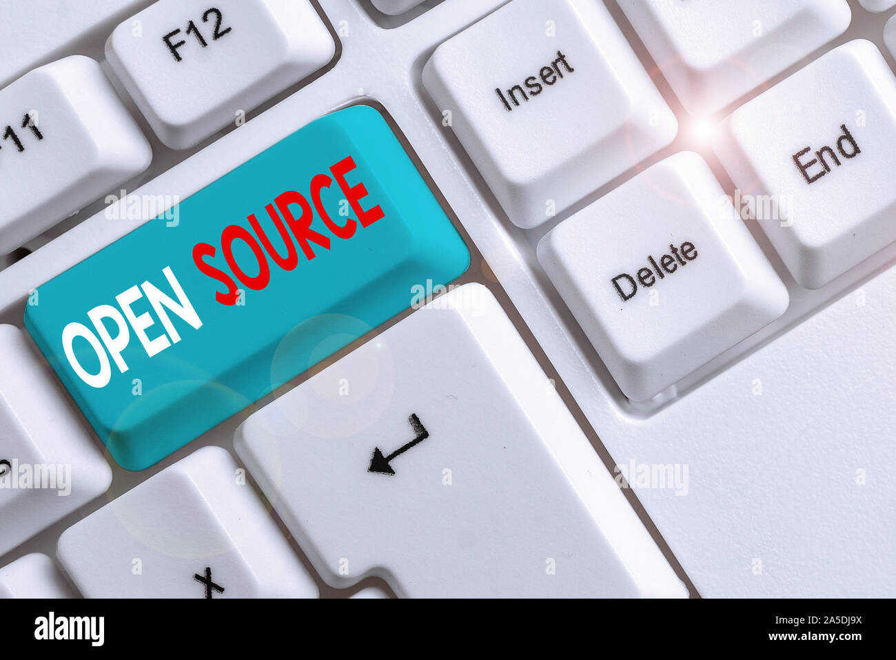 Handwriting text writing Open Source. Conceptual photo denoting software which original source code freely available White pc keyboard with empty note Stock Photo