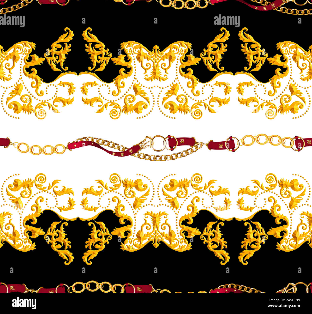 Seamless Golden Chains and Belts Pattern. Repeat Antique Decorative Baroque for Decor, Fabric, Prints, Textile. with Black and White background. Ready Stock Photo