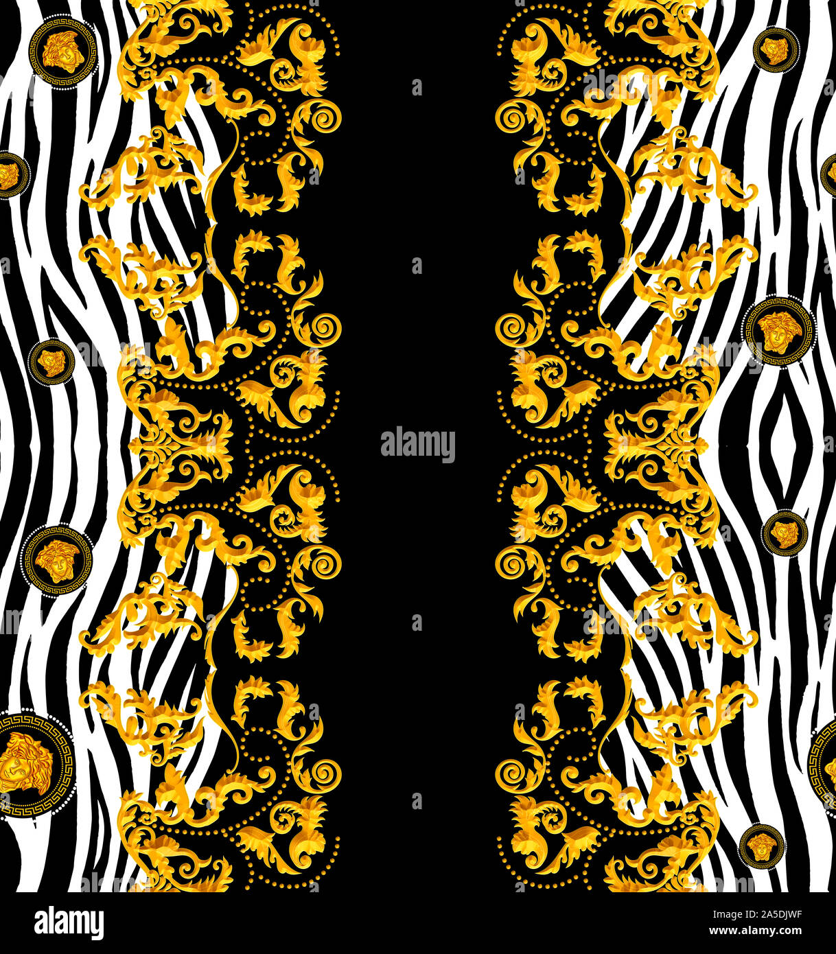 Seamless Golden Baroque Pattern with Zebra for Fabric. Trendy