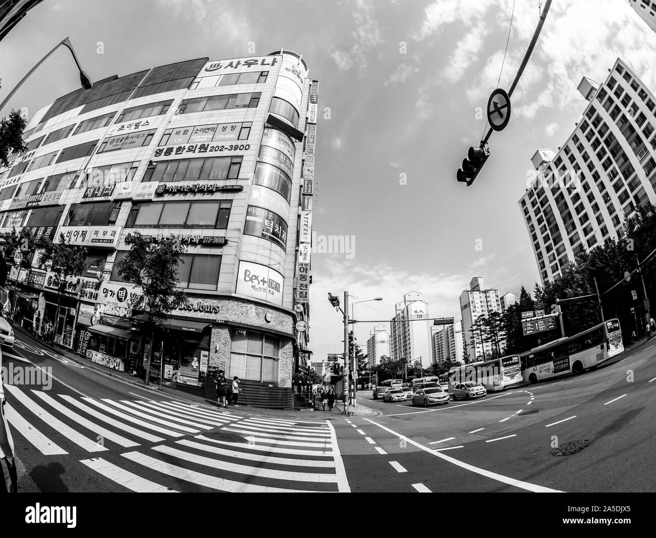Seoul, South Korea - June 2, 2017: Pedestrians stopping at pedestrian crossing and waiting green sign of traffic light in the central street in Seoul. Stock Photo