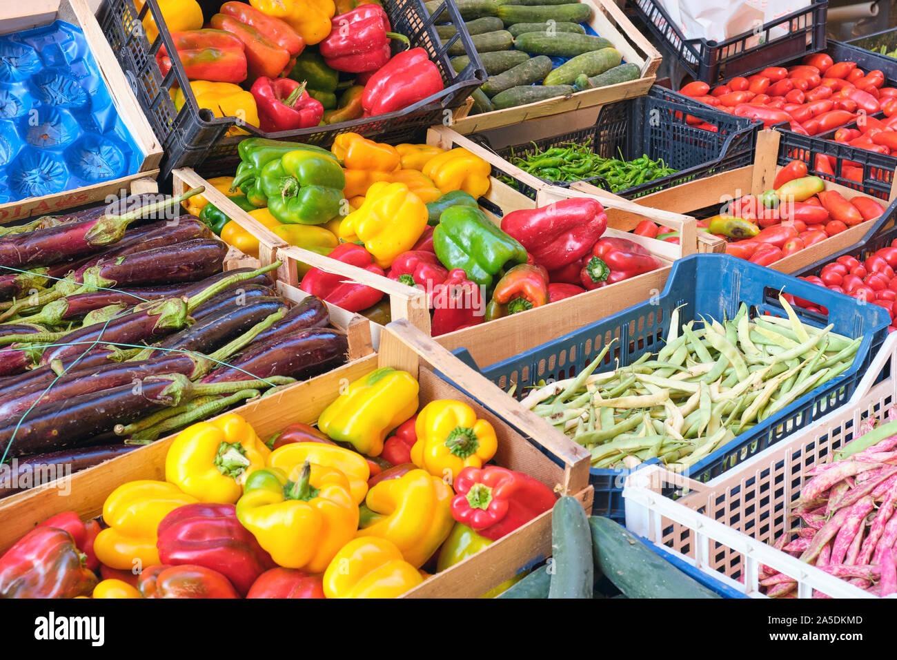 Bell peppers and other vegetables for sale at a market in Naples, Italy