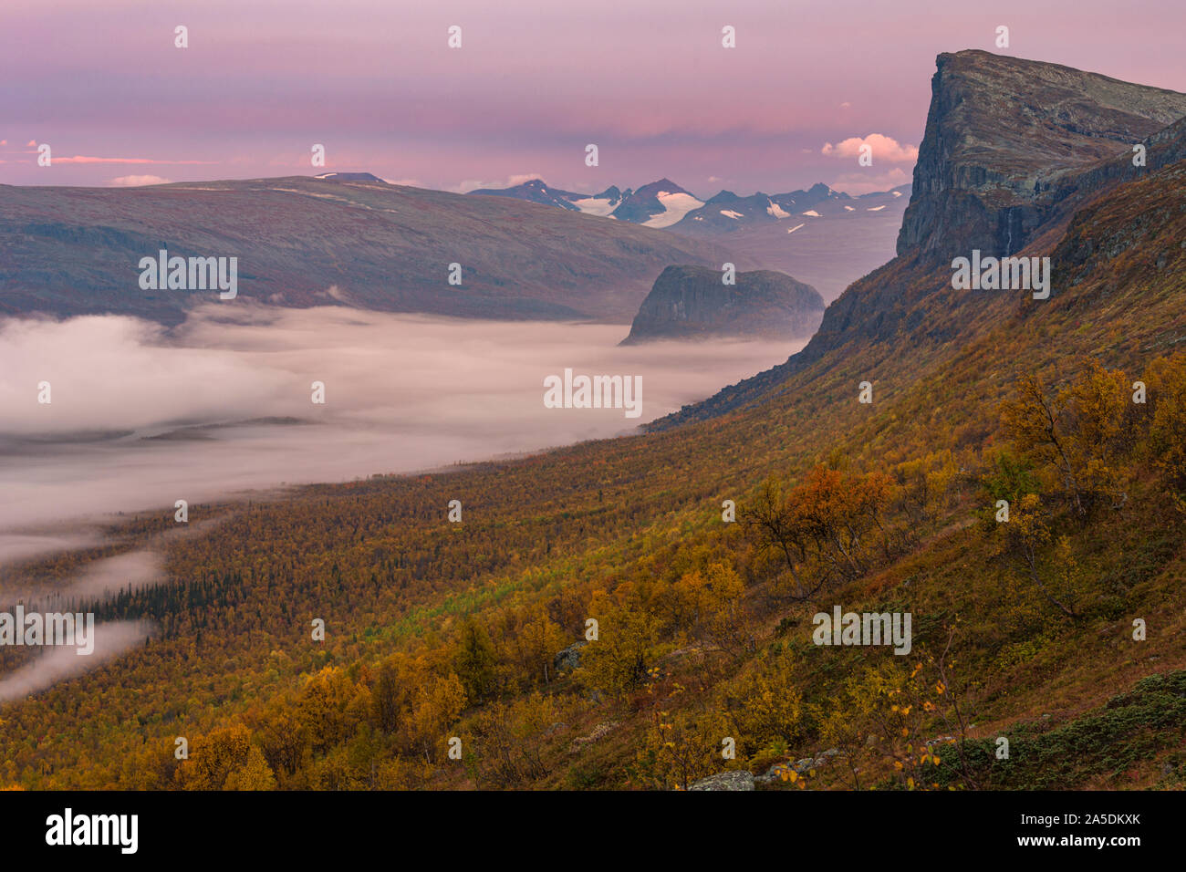 Sarek national park with mount Skerfe and Namatj in September with autumn colors  in Sweden, Swedish lapland Stock Photo