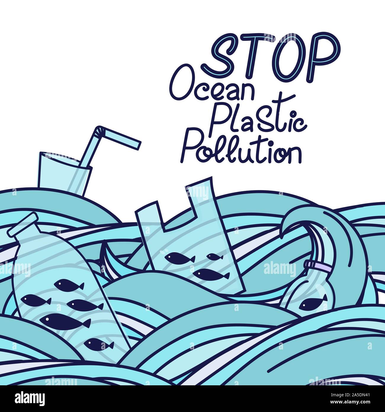 Save the ocean hand drawn lettering. Plastic garbage, bag, bottle ...