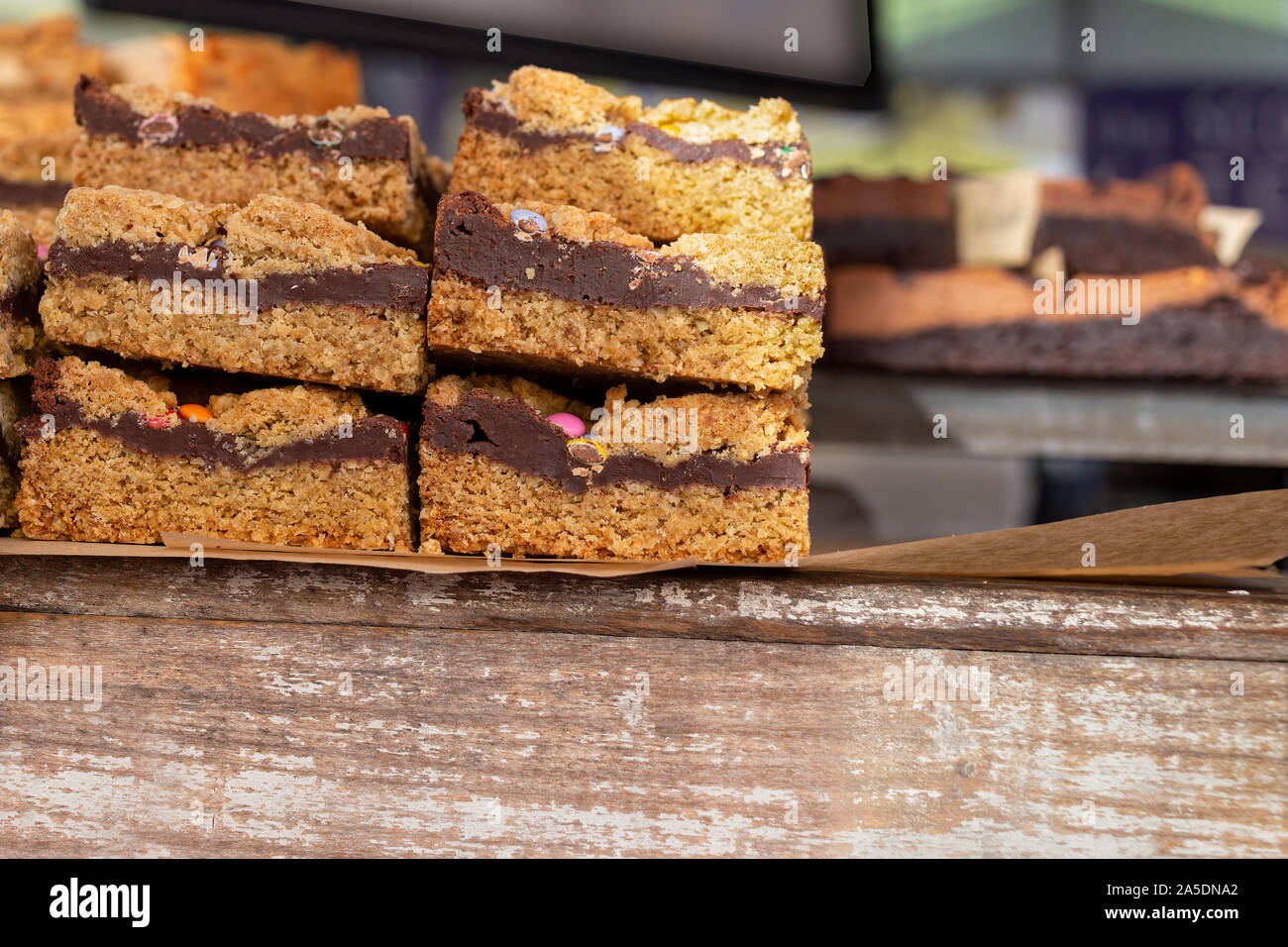 Chocolate fudge bars on sale at a food market stall in the UK Stock