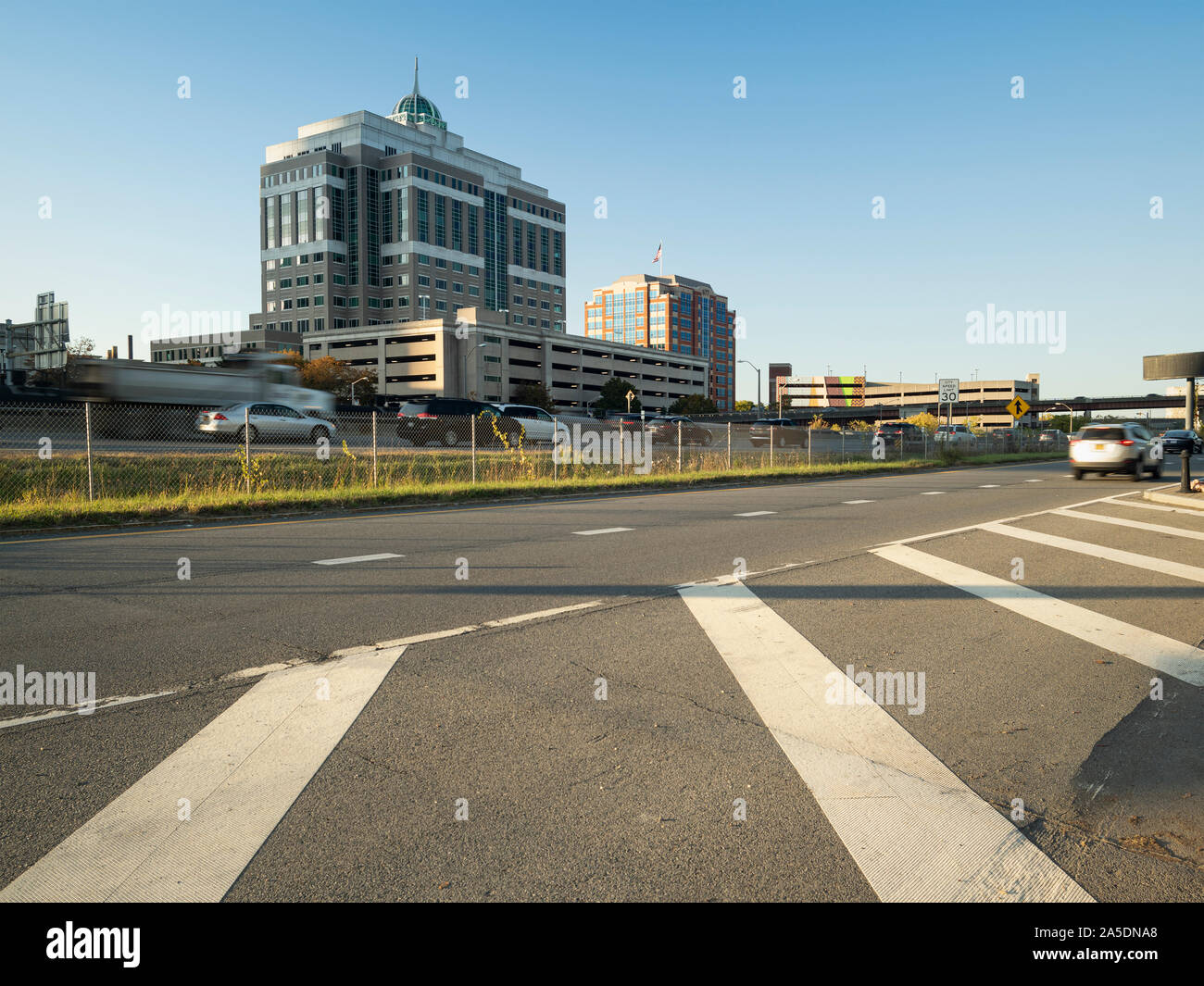 Albany, New York - Oct 15, 2019: View of Empire State Development Building from Jennings Landing Park. Stock Photo