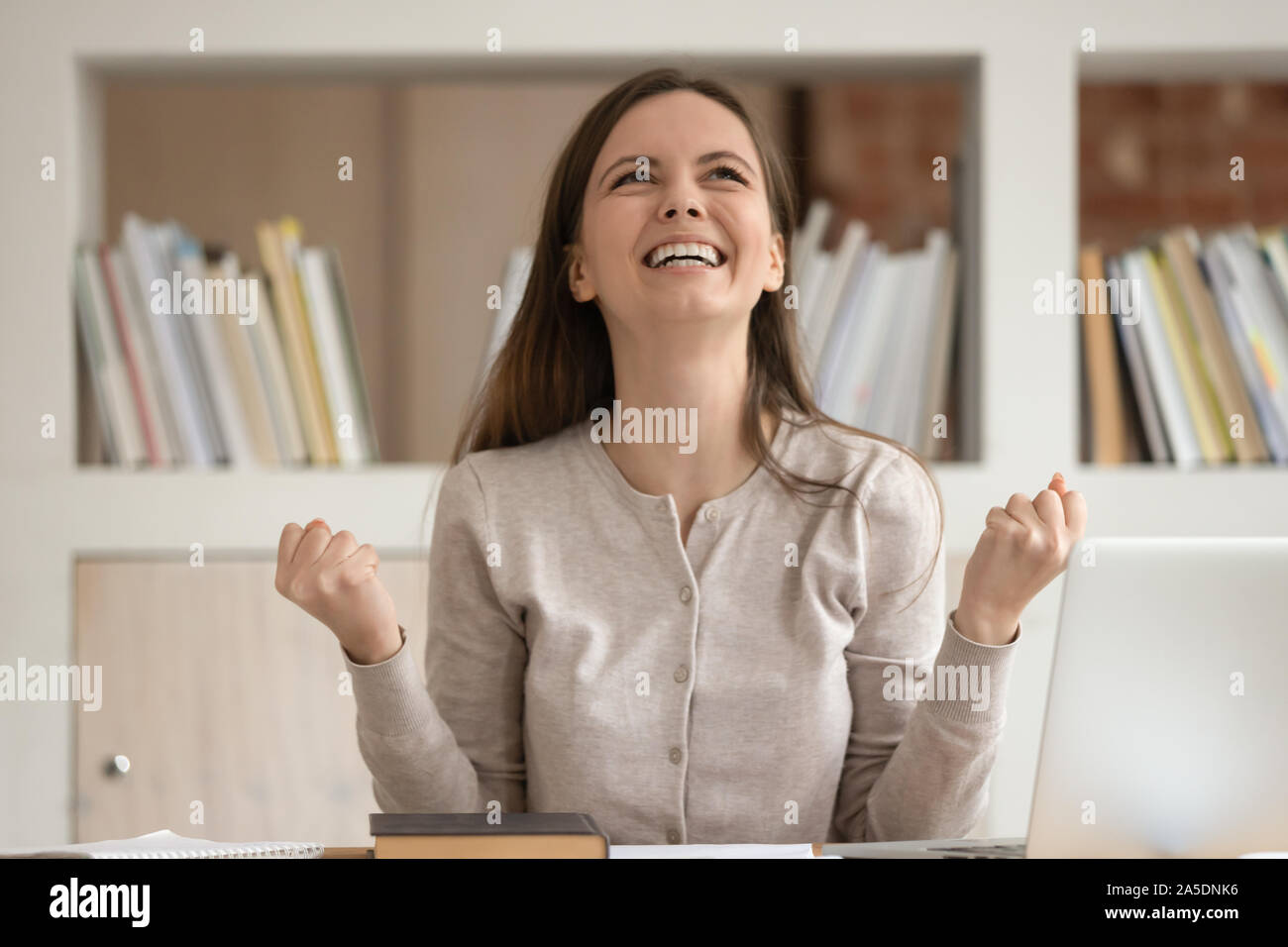 Student got information about acceptance to university admission feels happy Stock Photo