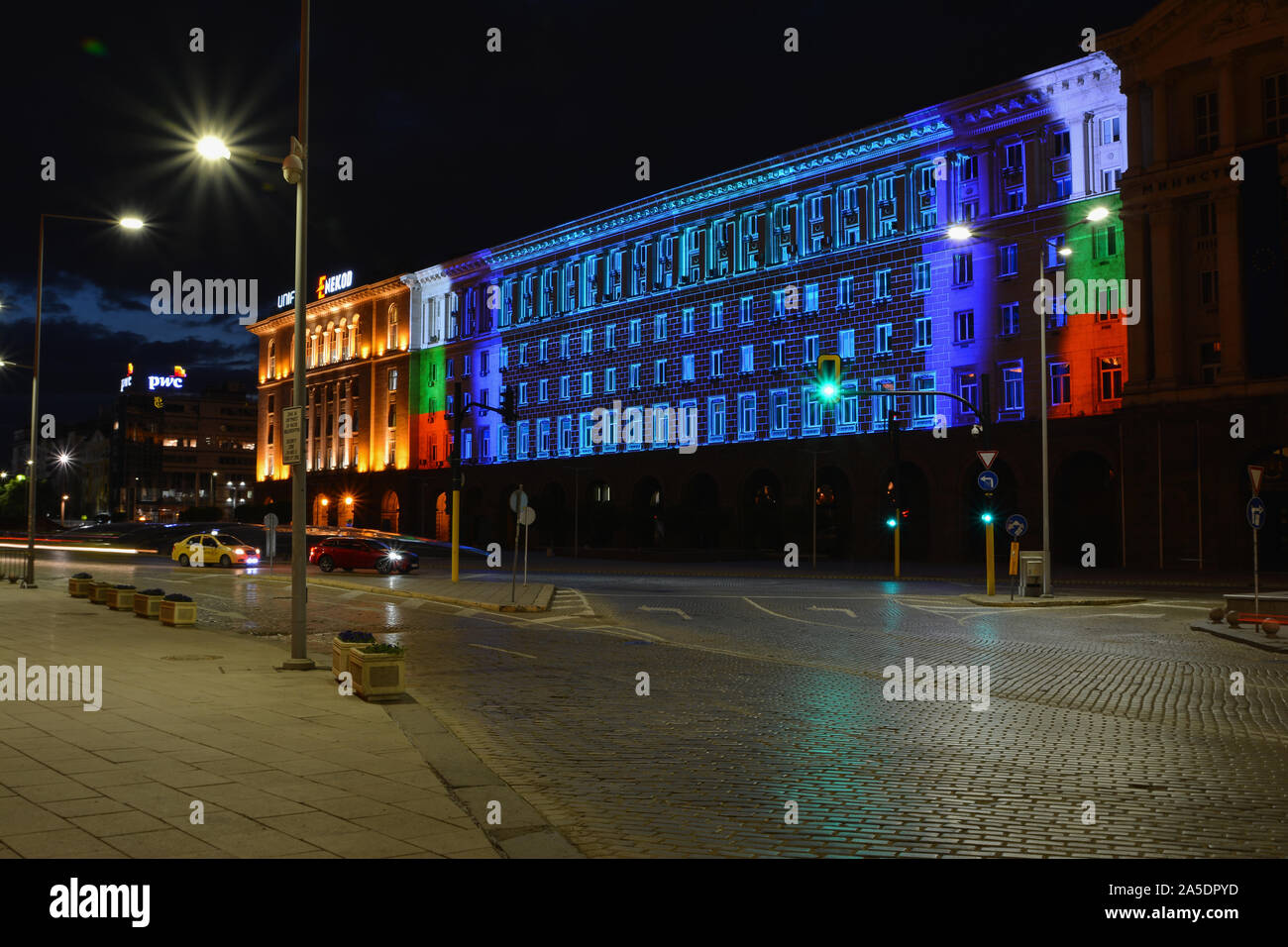 SOFIA, BULGARIA - MAY 8, 2018: Building of Council of Ministers in Sofia, Bulgaria. 3D Projection Mapping for the Day of Europe. Night view. Stock Photo