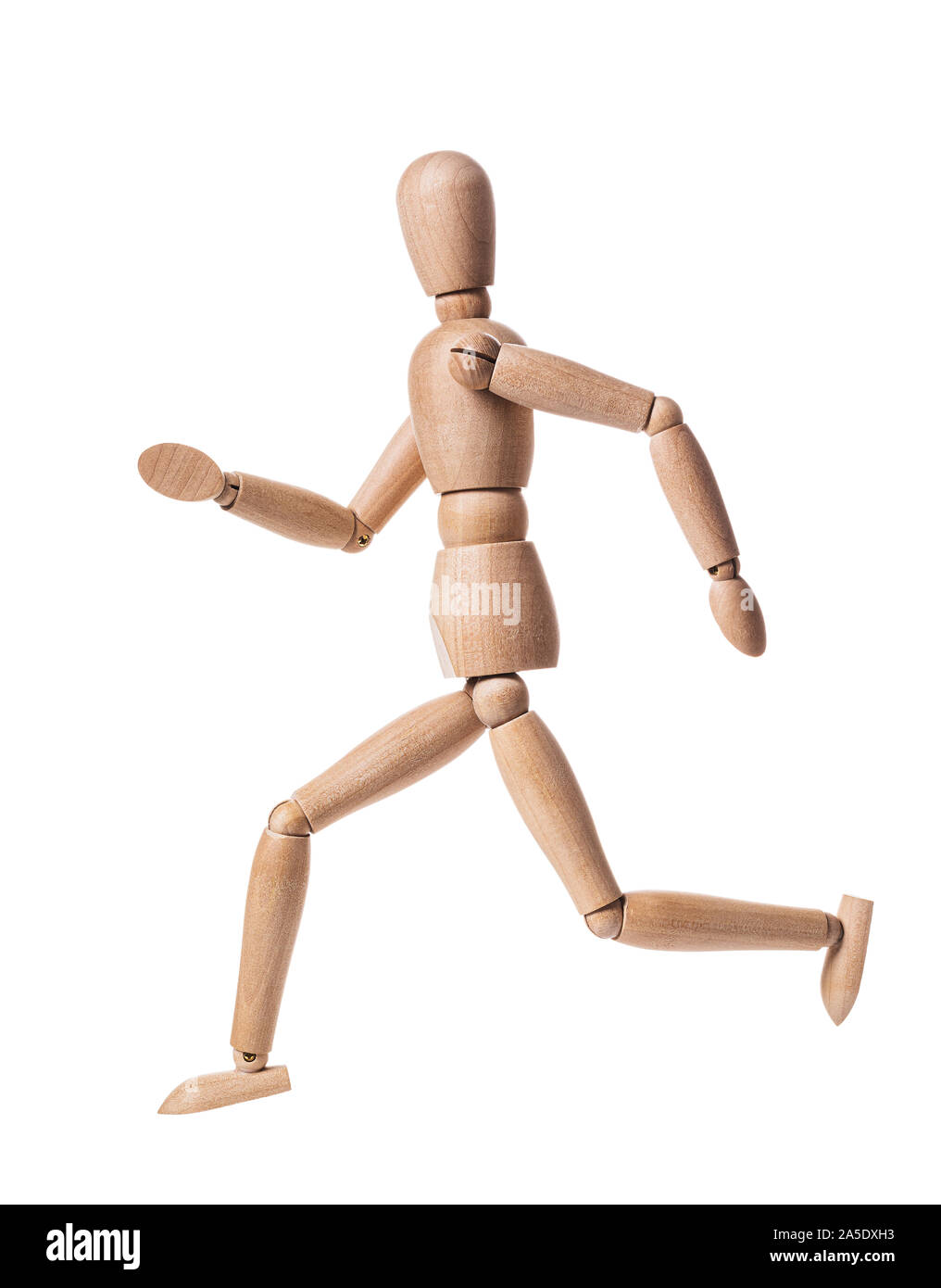 Wooden man isolated on a white background. Gestalt in the form of a running man. profile view Stock Photo