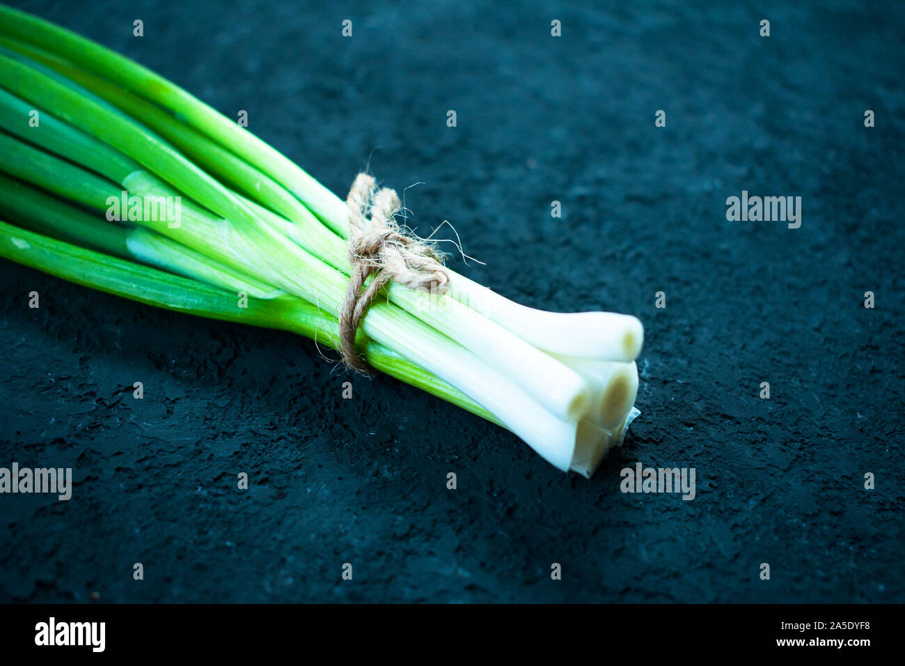 bunch of green onions on a black background texture. Close-up Stock ...