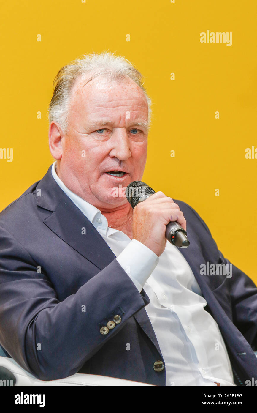 Former German football player Andreas Brehme talks at the Frankfurt Book Fair. The 71th Frankfurt Book Fair 2019 is the world largest book fair with over 7,500 exhibitors and over 285,000 expected visitors. The Guest of Honour for the 2019 fair is Norway. (Photo by Michael Debets/Pacific Press) Stock Photo