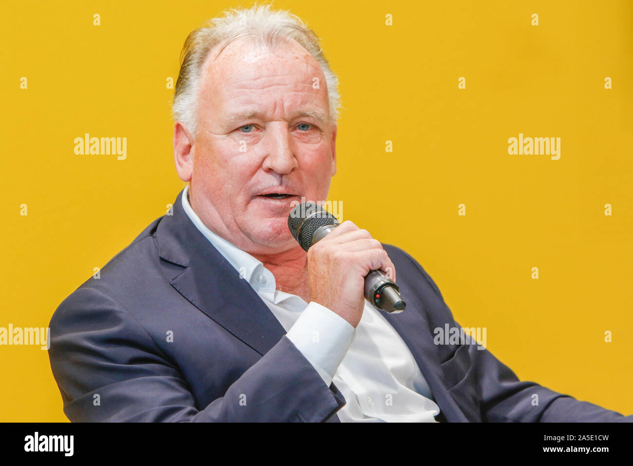 Former German football player Andreas Brehme talks at the Frankfurt Book Fair. The 71th Frankfurt Book Fair 2019 is the world largest book fair with over 7,500 exhibitors and over 285,000 expected visitors. The Guest of Honour for the 2019 fair is Norway. (Photo by Michael Debets/Pacific Press) Stock Photo
