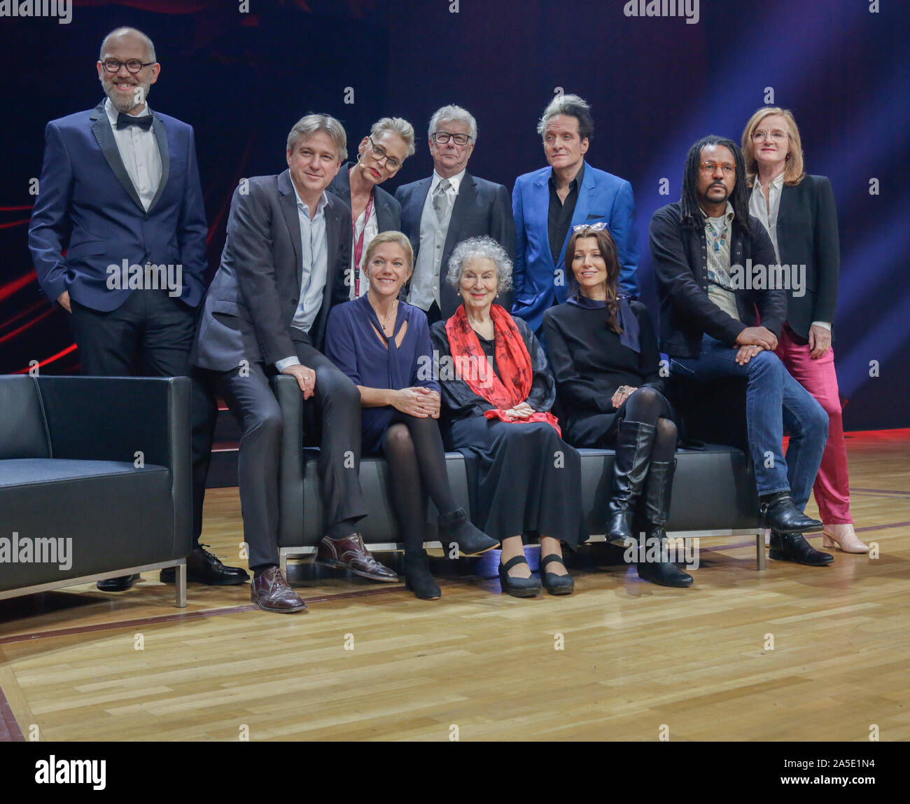 Frankfurt, Germany. 19th Oct, 2019. Juergen Boos, Maja Lunde, Margaret Atwood, Elif Shafak and Colson Whitehead (sitting left to right) and Thomas Böhm, Bärbel Schäfer, Ken Follett, Bela B Felsenheimer and Nina Petri (standing left to right) are pictured at a photo call at the Frankfurt Book Fair. The 71th Frankfurt Book Fair 2019 is the world largest book fair with over 7,500 exhibitors and over 285,000 expected visitors. The Guest of Honour for the 2019 fair is Norway. (Photo by Michael Debets/Pacific Press) Credit: Pacific Press Agency/Alamy Live News Stock Photo