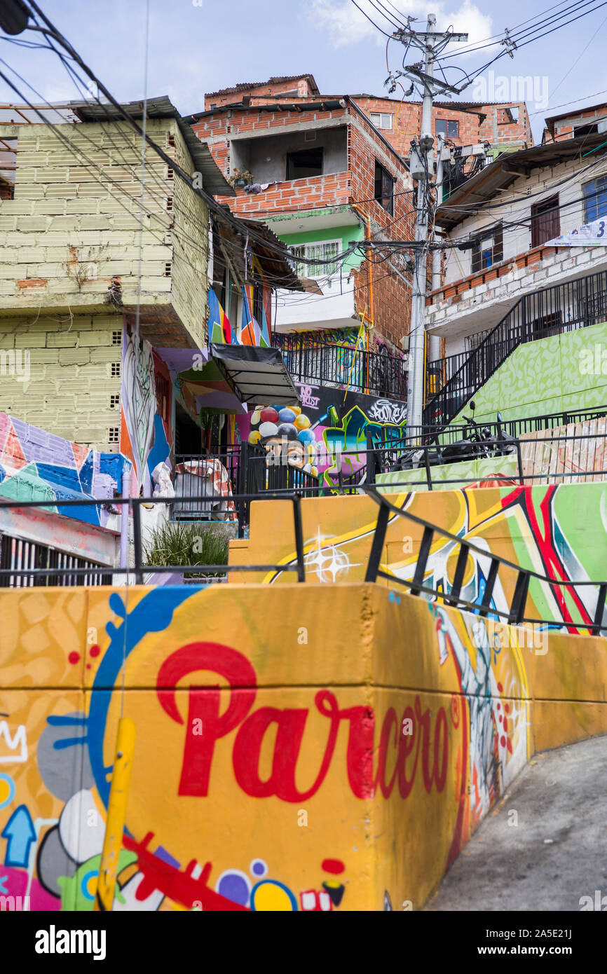 MEDELLIN, COLOMBIA - SEPTEMBER 12, 2019: Street art of Comuna 13 in Medellin, Colombia. Once known as Colombias most dangerous barrio, today graffiti Stock Photo