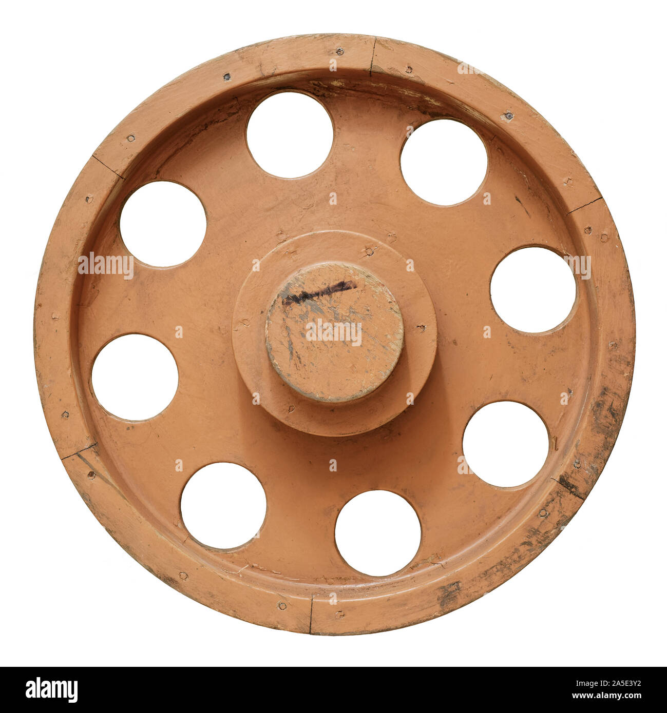 Isolated objects: old brown wooden wheel, on white background Stock Photo