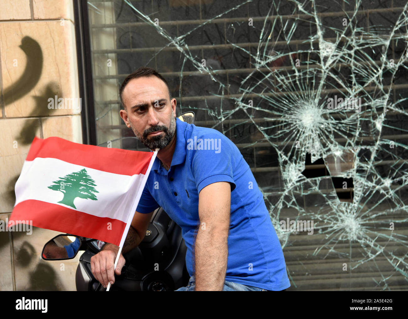 Lebanese man at anti-government protests in Downtown, Beirut, Lebanon. 19 October 2019. Stock Photo