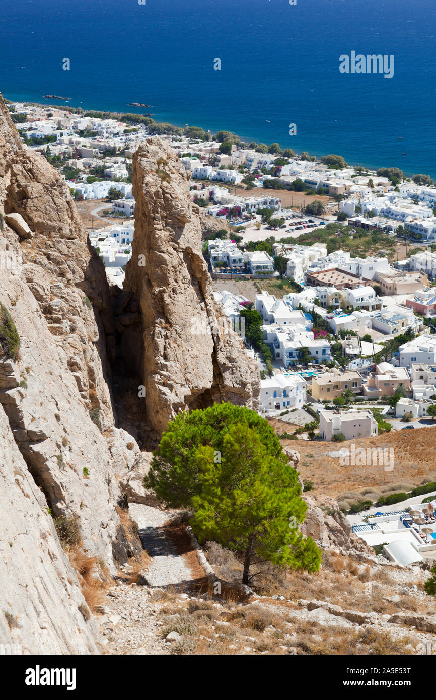 View from halfway up to the Profitis Ilias down to Kamari, Santorini. Stock Photo