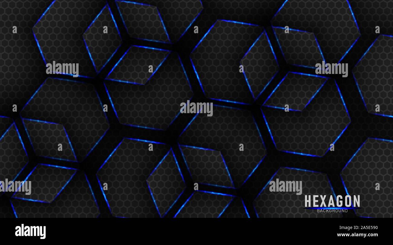 blue and black glossy metal hexagons tech background. Abstract vector design Stock Vector