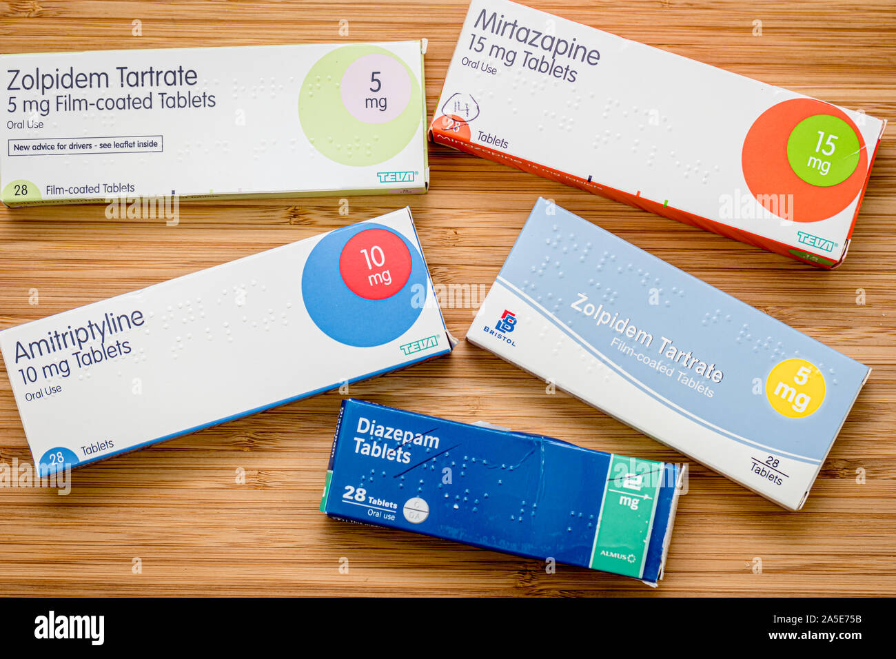 Boxes of generic prescription medication drugs for insomnia, sleep disorders - inc sedative-hypnotic, antidepressant.  Zolpidem, mirtazapine, diazepam Stock Photo