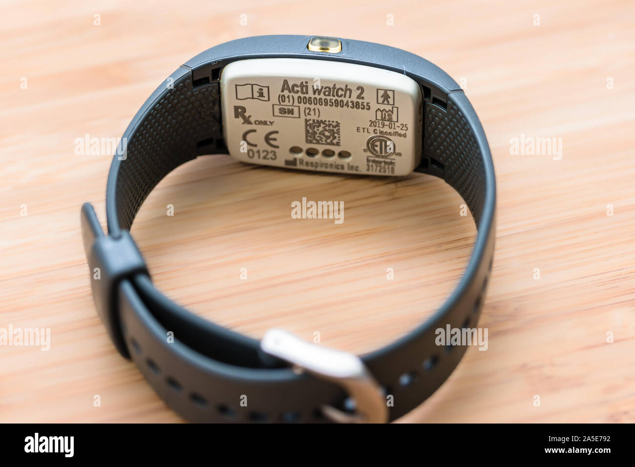 The rear view and strap of a Philips Respironics Actiwatch, a clinical research-grade watch for insomnia, sleep studies and activity monitoring Stock Photo