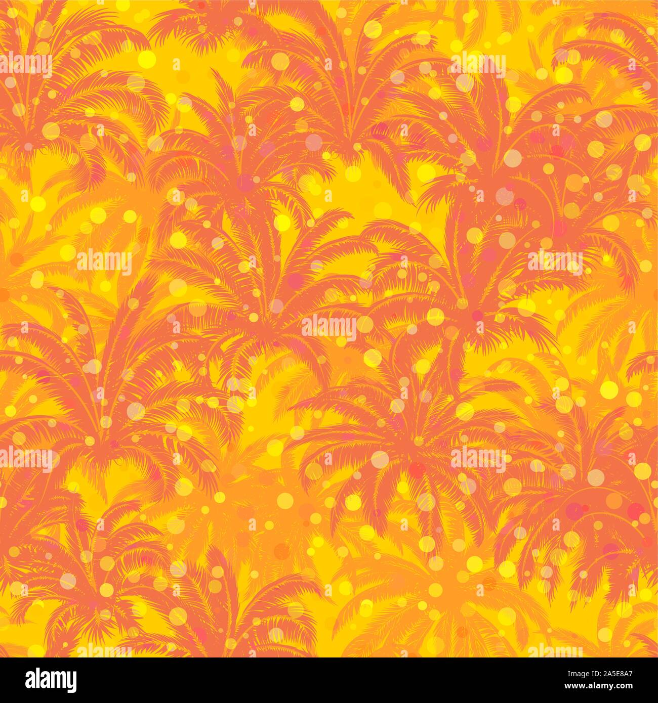 Seamless Background, Tropical Palm Trees, Crowns with Leaves, Red and Yellow Tile Pattern. Vector Stock Vector