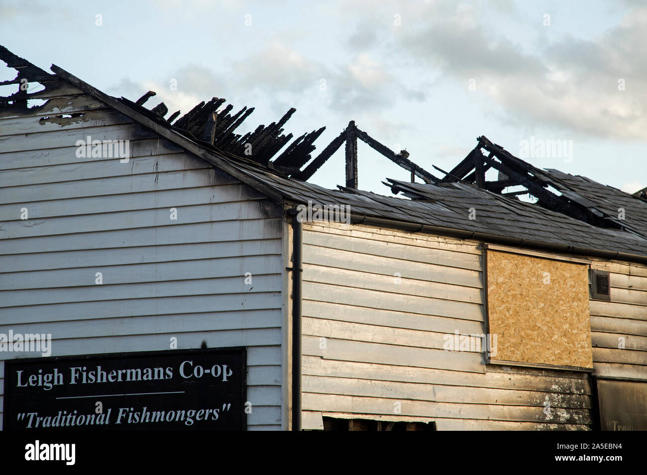 Leigh On Sea, Essex, England, October 2019, a view of a burned out historic timber building Stock Photo