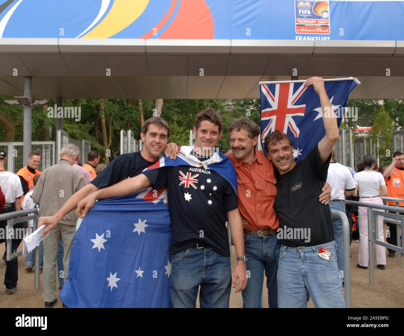 FIFA stadium Frankfurt Germany, 15.06.2005, football: FIFA Confederations Cup opening match, Germany (GER, white) vs Australia (AUS, yellow) 4:3; Fans Australia Stock Photo