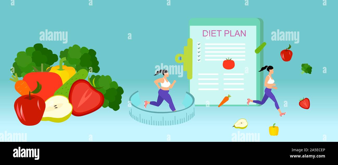 Vector of an overweight woman running and losing weight eating low fat food. Diet plan and healthy meal concept. Stock Vector