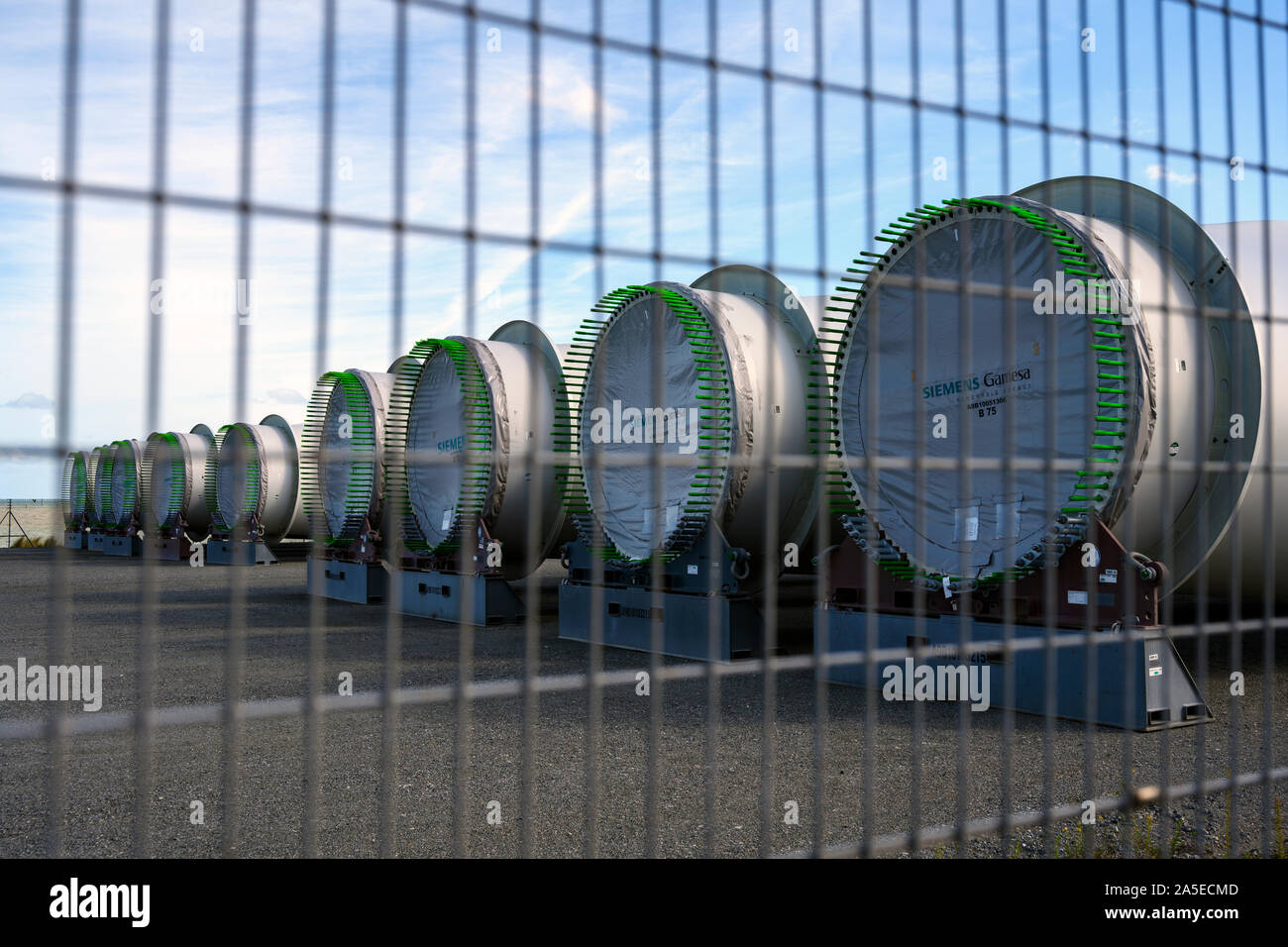 Siemens Gamesa wind turbine blades, outer harbour, Great Yarmouth, Norfolk, UK. Stock Photo