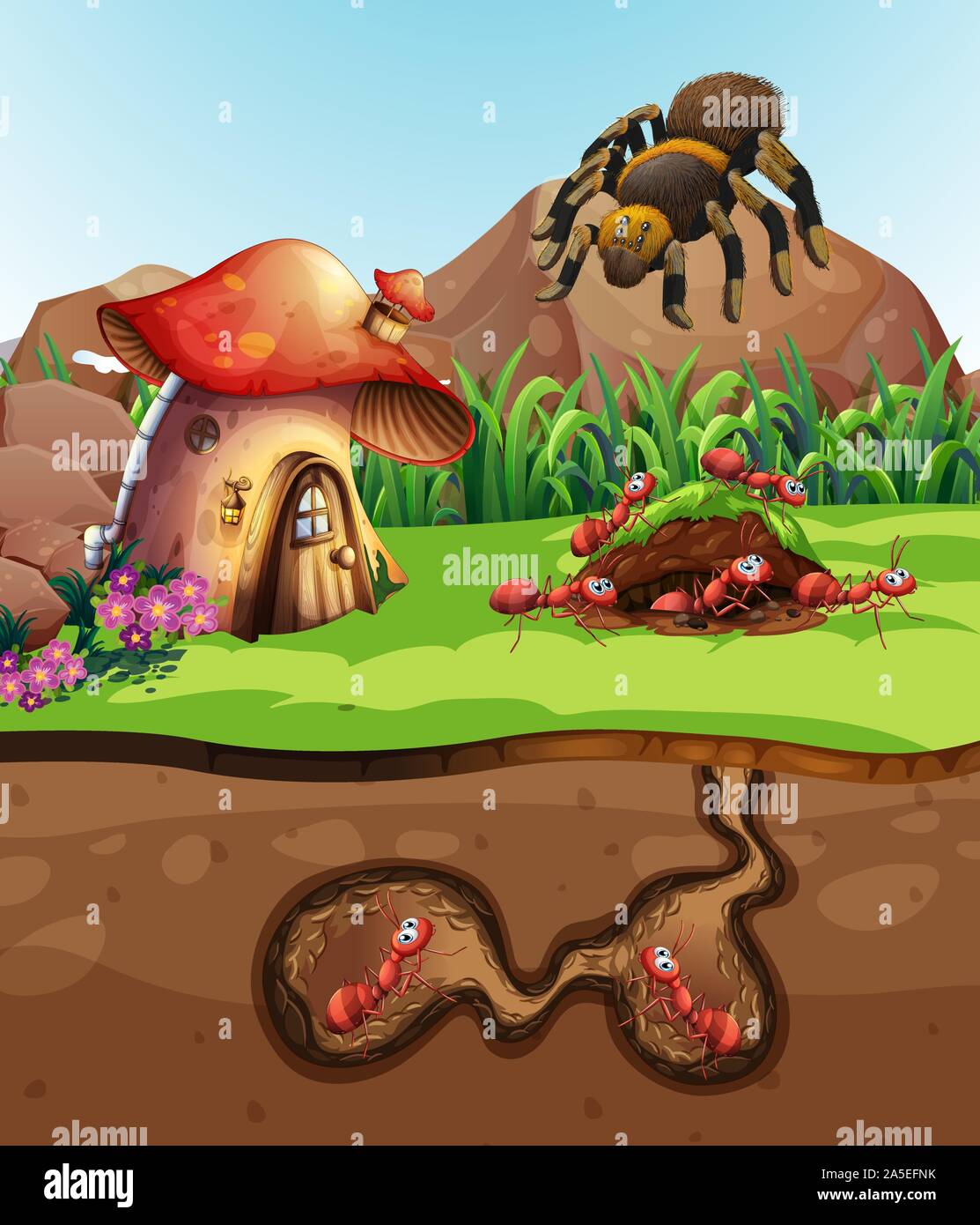 Landscape design with ants underground illustration Stock Vector