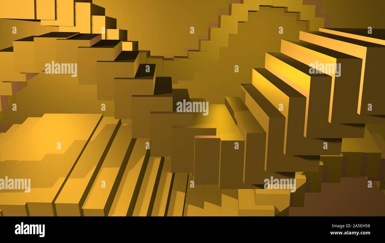 Golden floating stair cases against luminous yellow sun  background . 3d render Stock Photo