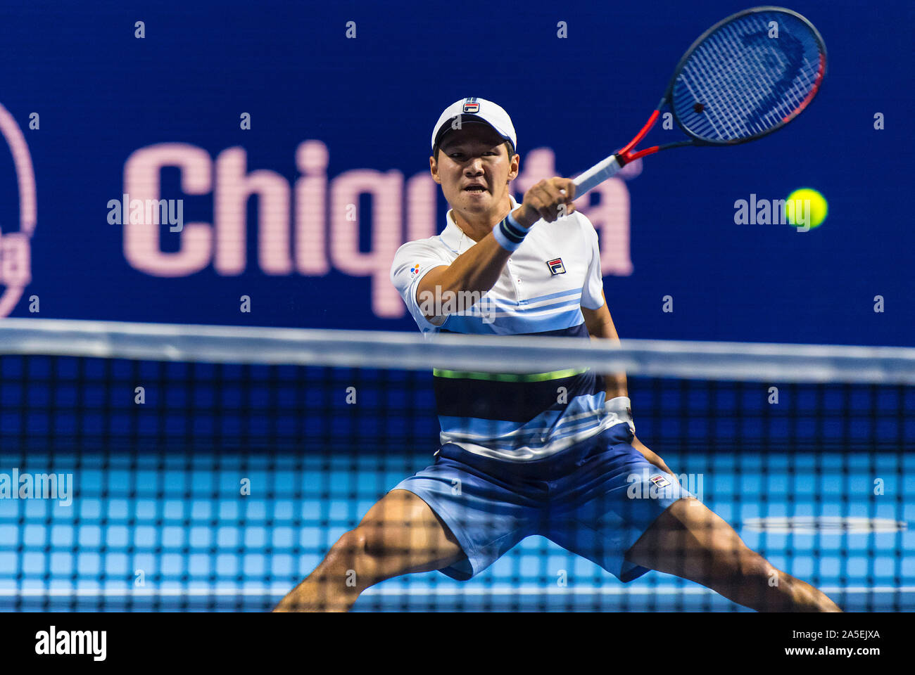 St. Jakobshalle, Basel, Switzerland. 20th Oct, 2019. ATP World Tour Tennis,  Swiss Indoors; Soonwoo Kwon (KOR) at the net in the match against Alexei  Popyrin (AUS) - Editorial Use Credit: Action Plus