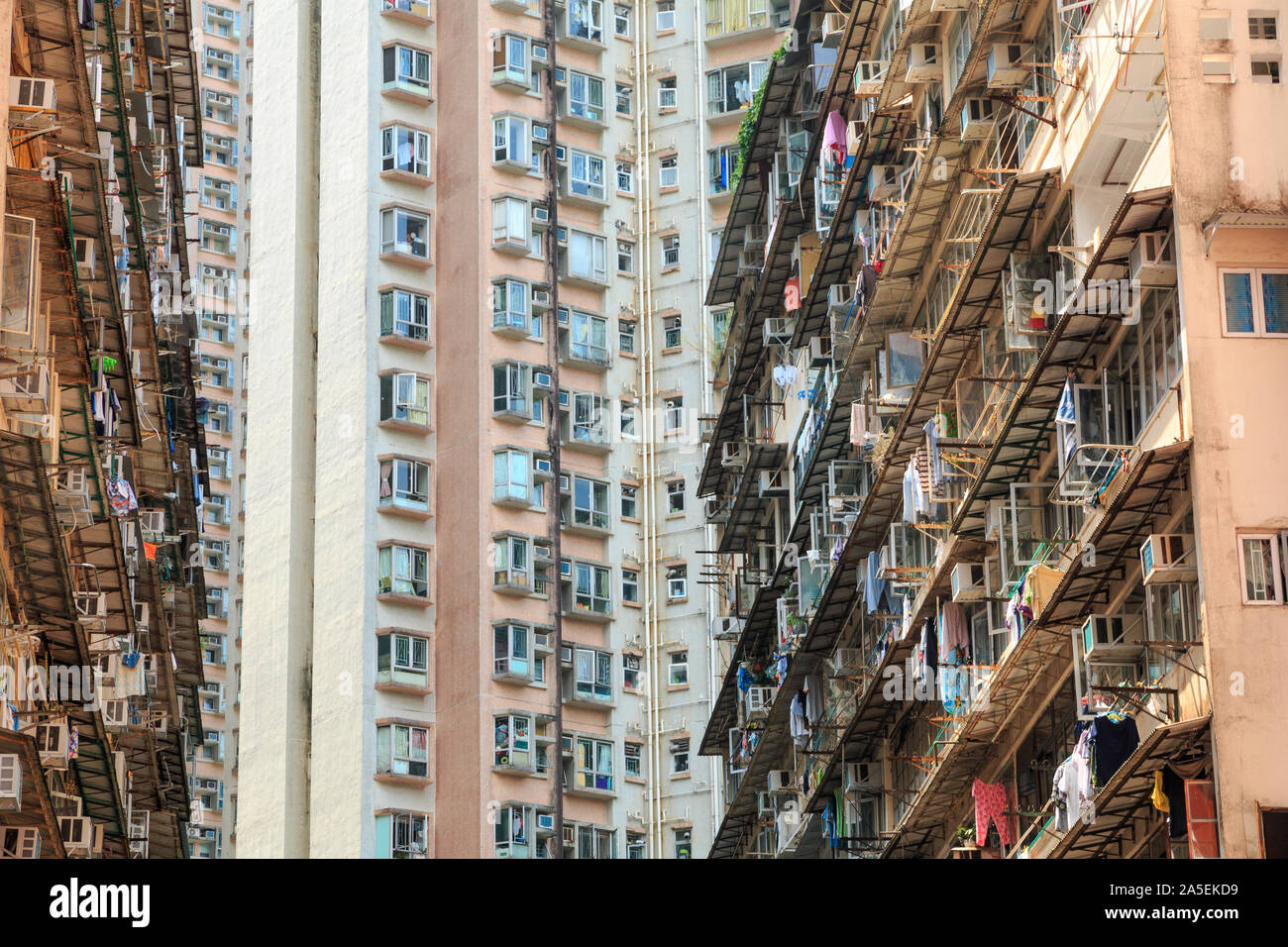 HONG KONG SAR, CHINA – 17 SEPTEMBER 2019. Apartment buildings in Quarry Bay Street on Hong Kong Island. Stock Photo