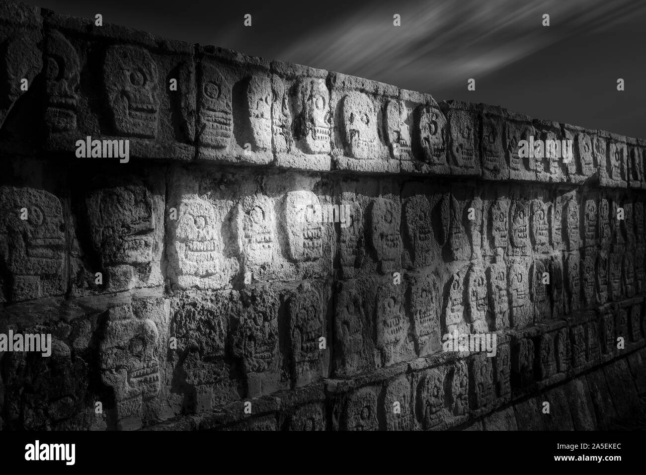 The tzompantli, or wall of skulls, at Chichen-Itza, Yucatan, Mexico. Stock Photo
