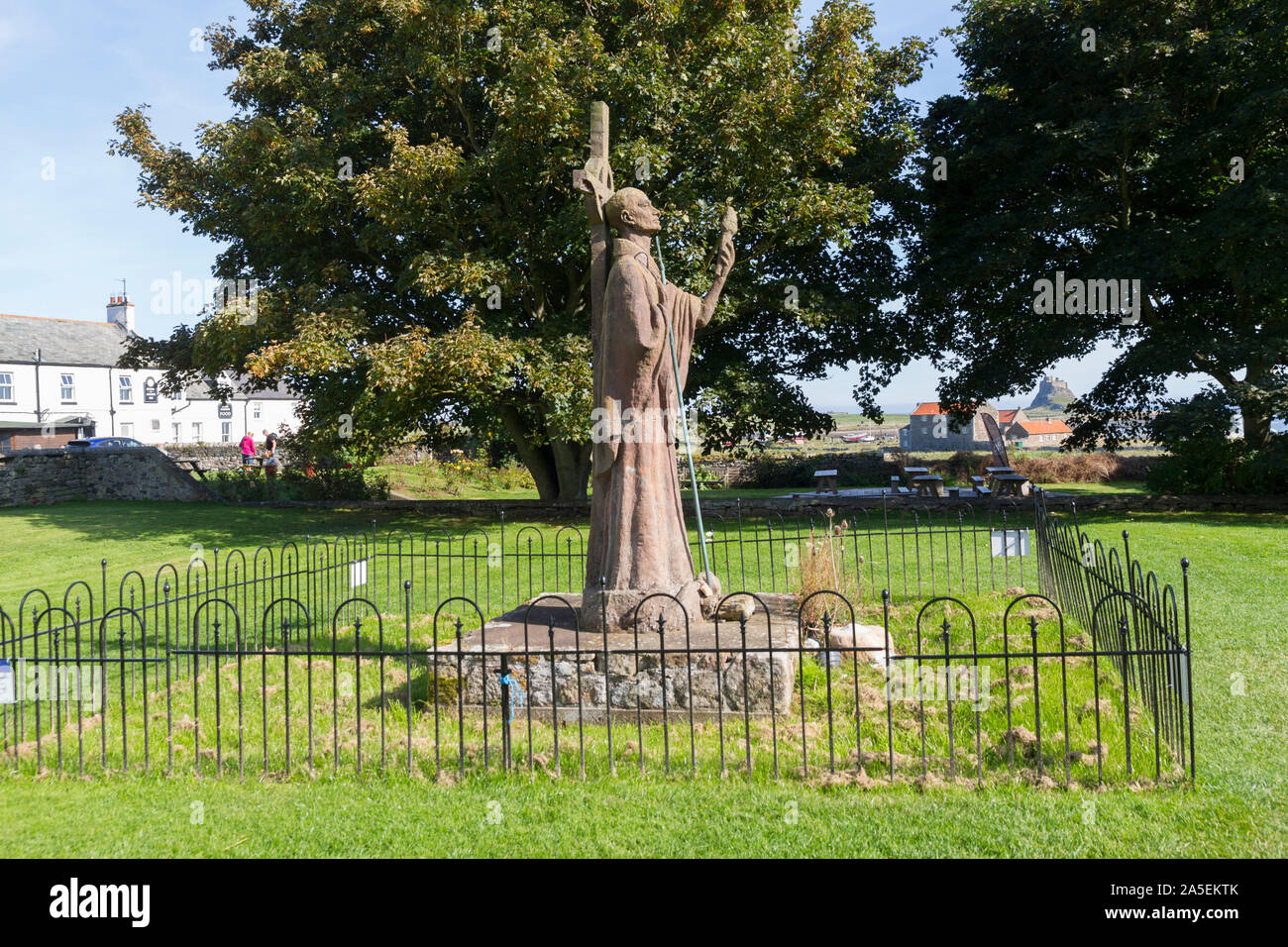 The statue of St Aidan on Lindisfarne / Holy Island Northumberland UK Stock Photo